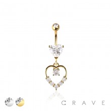 316L SURGICAL STEEL CZ HEART WITH MULTI CZ HEART DANGLE BELLY BUTTON NAVEL RING 